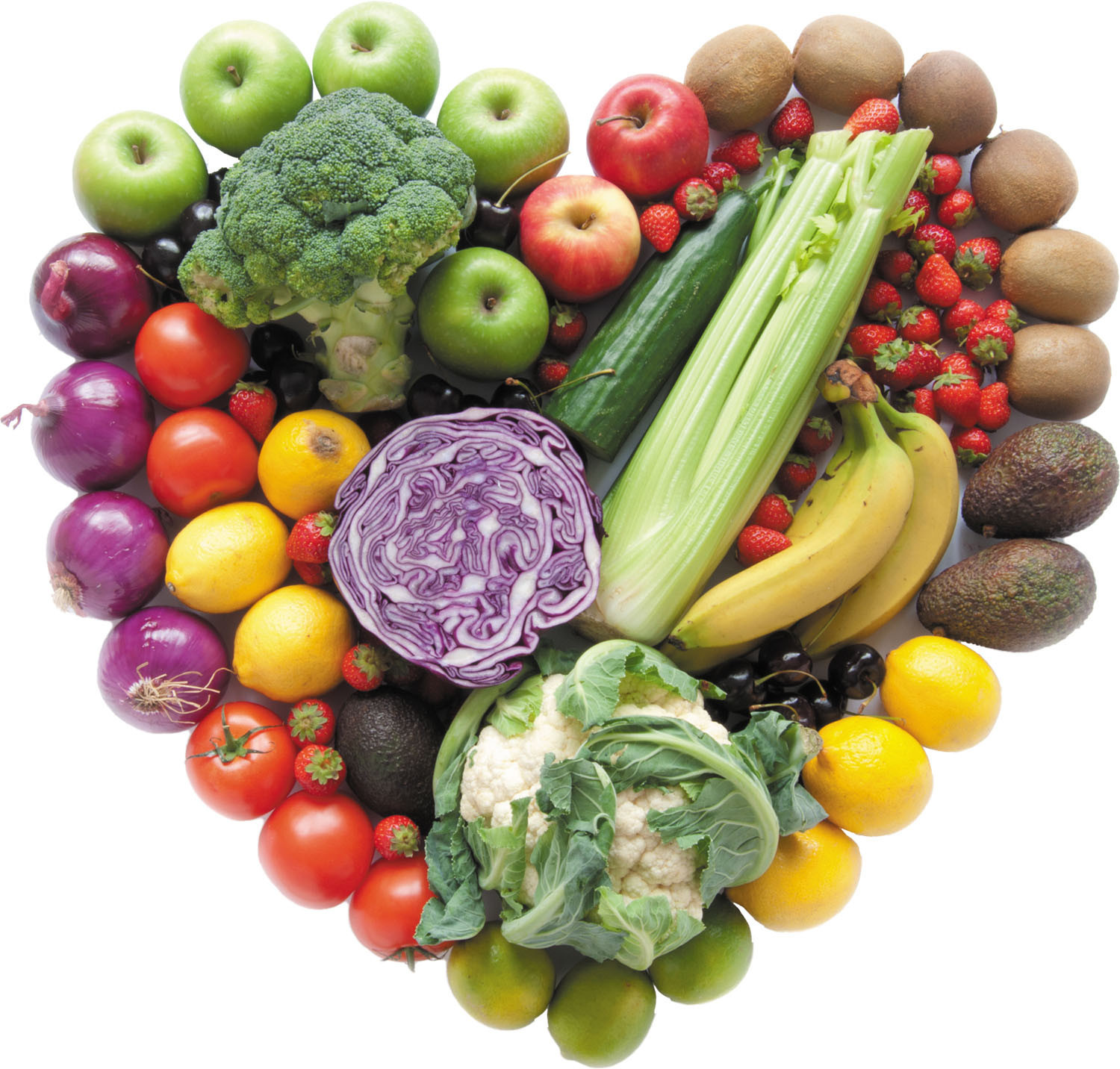 assortment of vegetables arranged in the shape of a heart